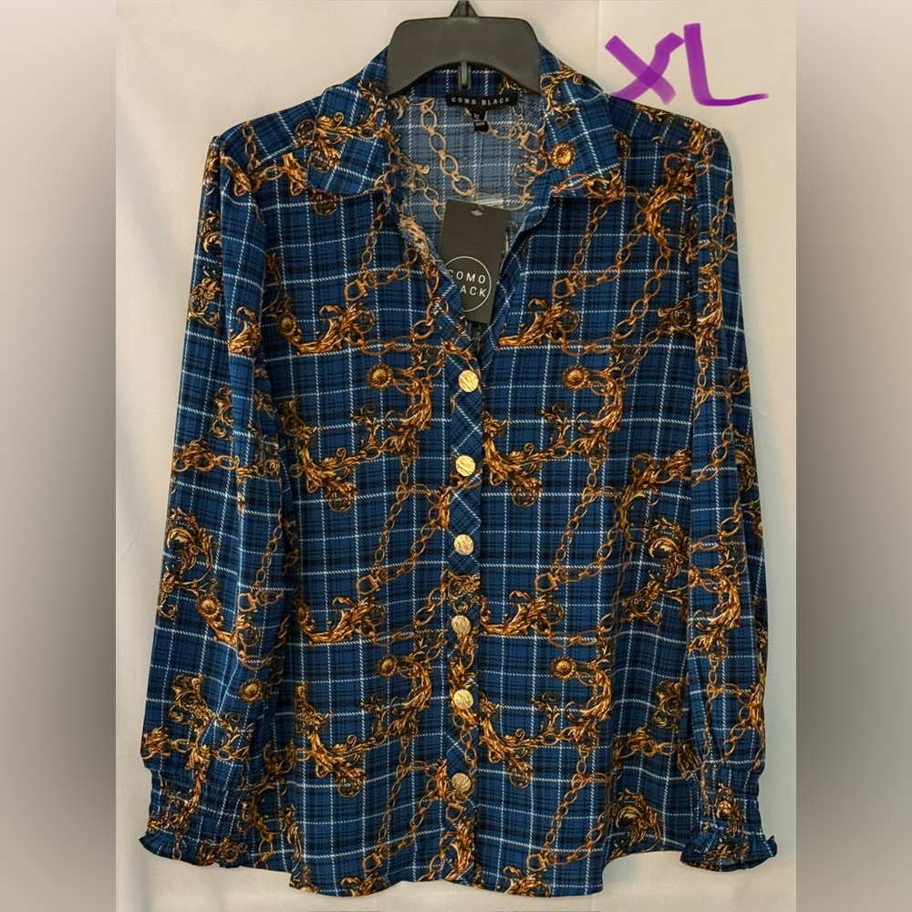 Women's Blue and Gold Chain Print Top